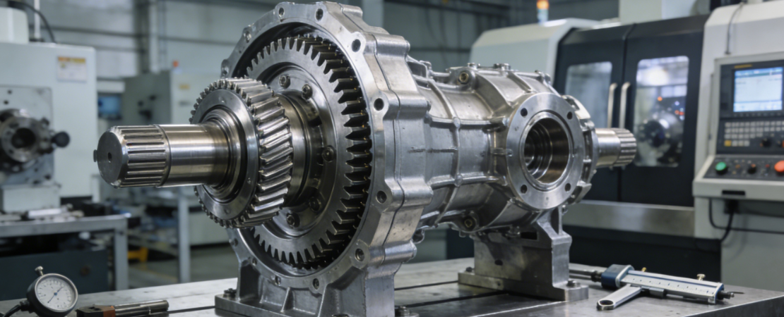 Precision-machined aircraft engine gearbox assembly on CNC workbench in aerospace manufacturing facility