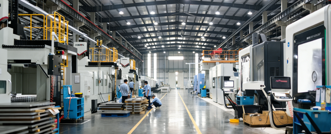 High-precision CNC equipment in modern machining factory for aircraft and auto parts